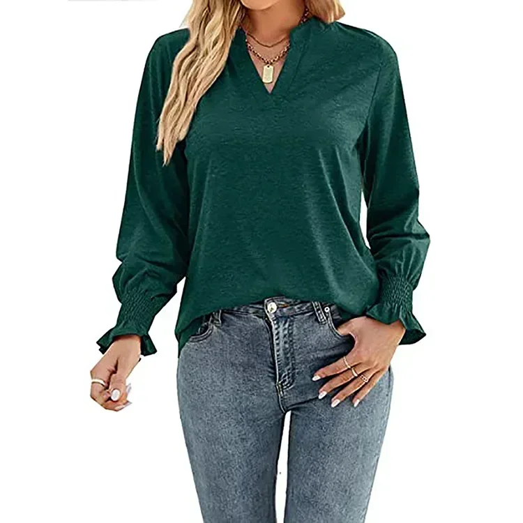 Women Long Sleeve Solid V Neck Pullover Sweater Tops for Spring