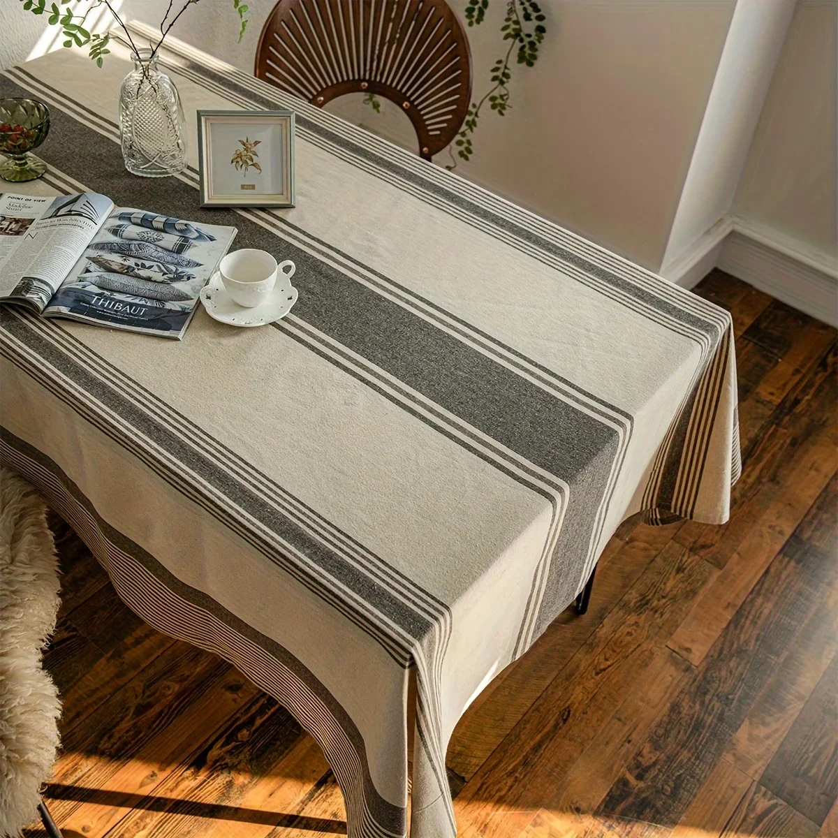 1pc Simple Double Stripes Tablecloth - Natural Tones for a Warm Dining Table - Striped Tablecloth in Brown