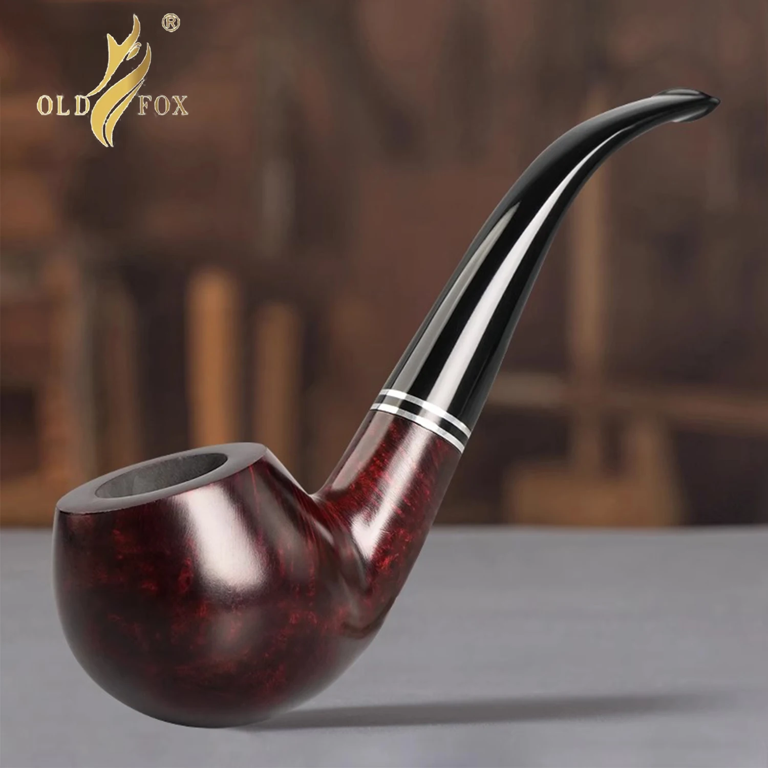 OLD FOX Handcrafte Briar Tobacco Pipe Curved Handle 9mm Pipe Channel Classic Apple Pipe Father Day Gift Set with Clean Accessory