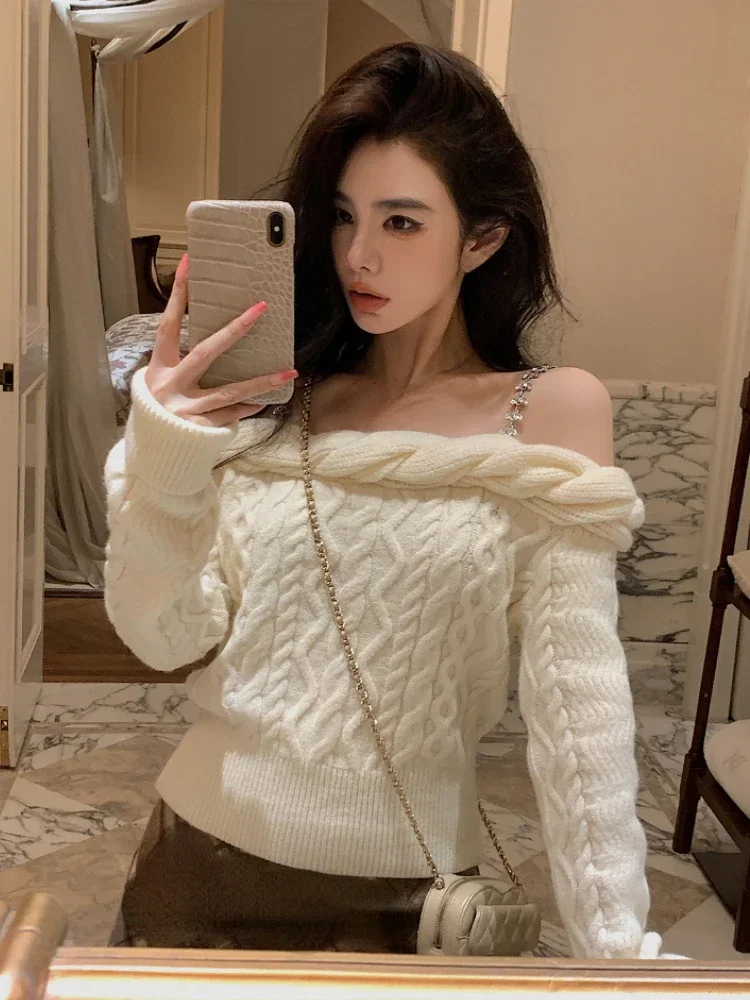 2024 Hollow Shoulder Strap Sweater Autumn Sexy Knitted Women Casual Elegant Pullovers Korean Fashion Slim Fit Top y2k clothing