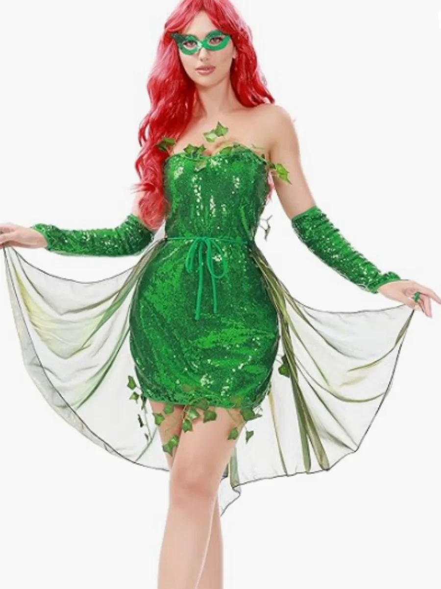 Halloween Leaf Green Poison Ivy Cosplay Costume Cekinowa sukienka bez ramiączek ze spódnicą kopertową i rękawami na ramionach Zestaw okularów