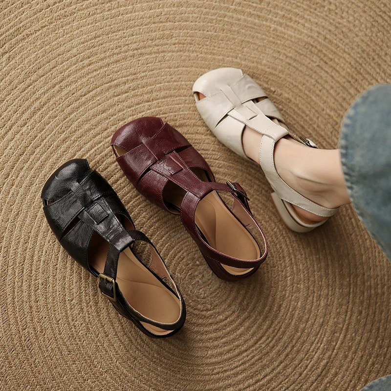 2026 new spring summer women sandals natural leather plus size 22-25cm sheepskin+pigskin t-buckle thick heel women shoes