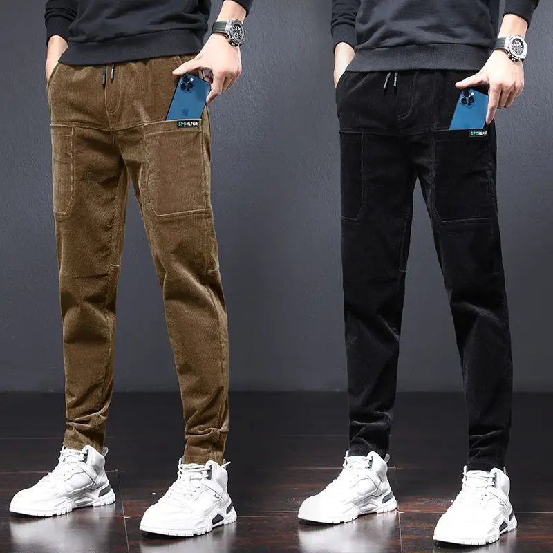 Men's Spring Autumn Elastic Waist Cotton Casual Pants with Six Pockets Loose Straight Pants Corduroy Business Trousers Male