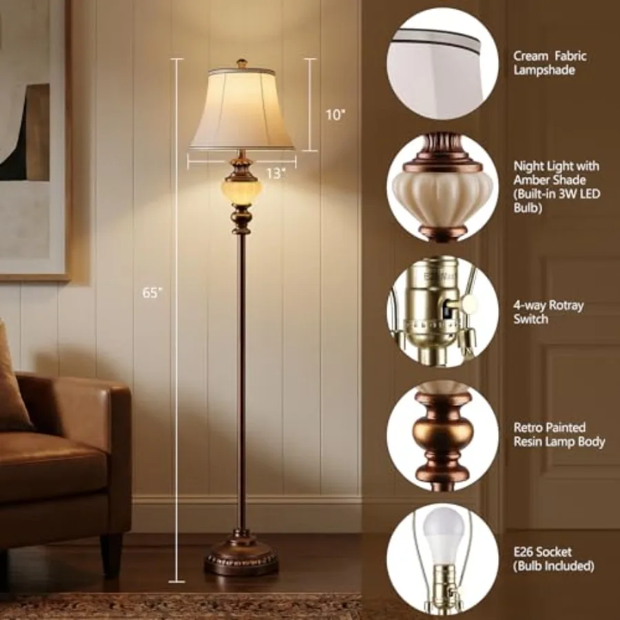 65'' Vintage Floor Lamp for Living Room Retro Farmhouse Standing Lamp with Nightlight Tall Lamp with Fabric Shade and Rotary Sw