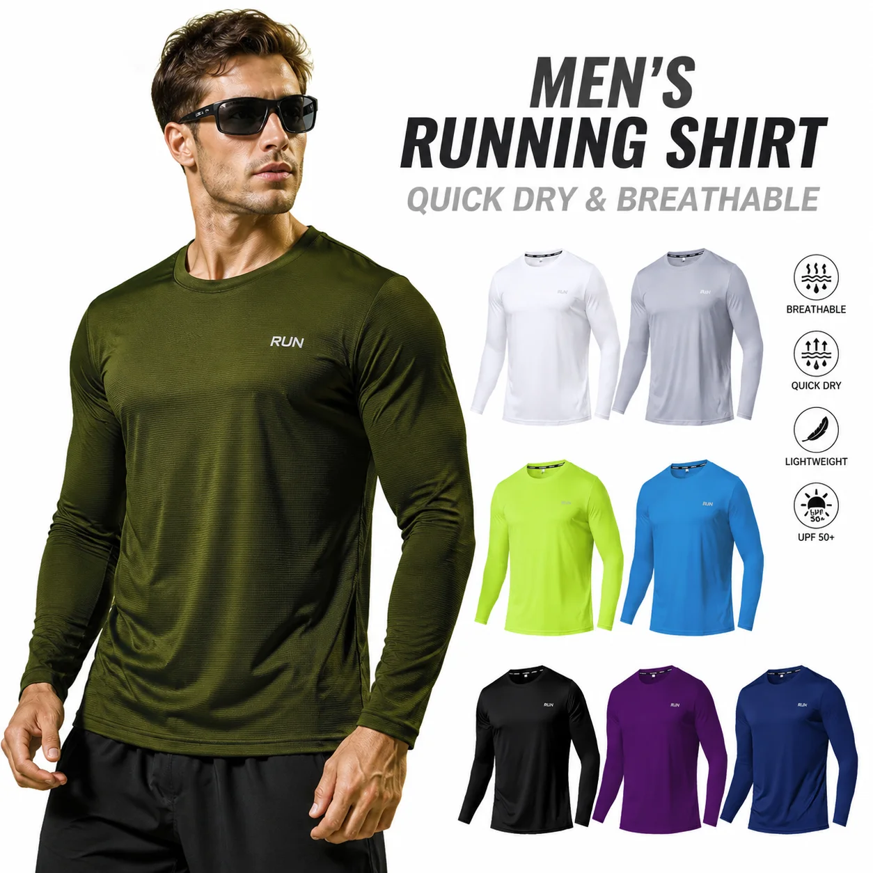 Men's UPF 50+ Sun Protection Shirt Long Sleeve Quick Dry Breathable UV Top for Fishing Hiking Running Outdoor Sports
