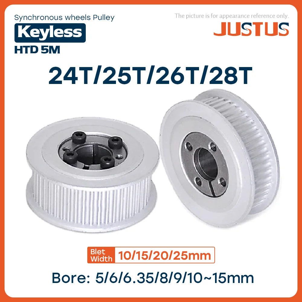 

HTD 5M 24T/25T/26T/28Teeth Timing Pulley Keyless Bushing Bore 5/6/8/9/10/11/12/14/15mm for Belt Width 10/15/20/25mm