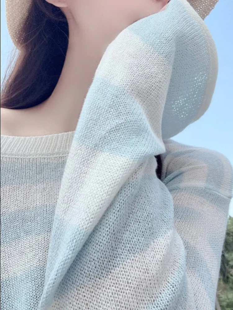 

Ultra-Thin Wool Knitted Set Shirt Shorts Blue Striped Set Simple Style Long Sleeve round Neck Summer Fashion Women's Ensemble