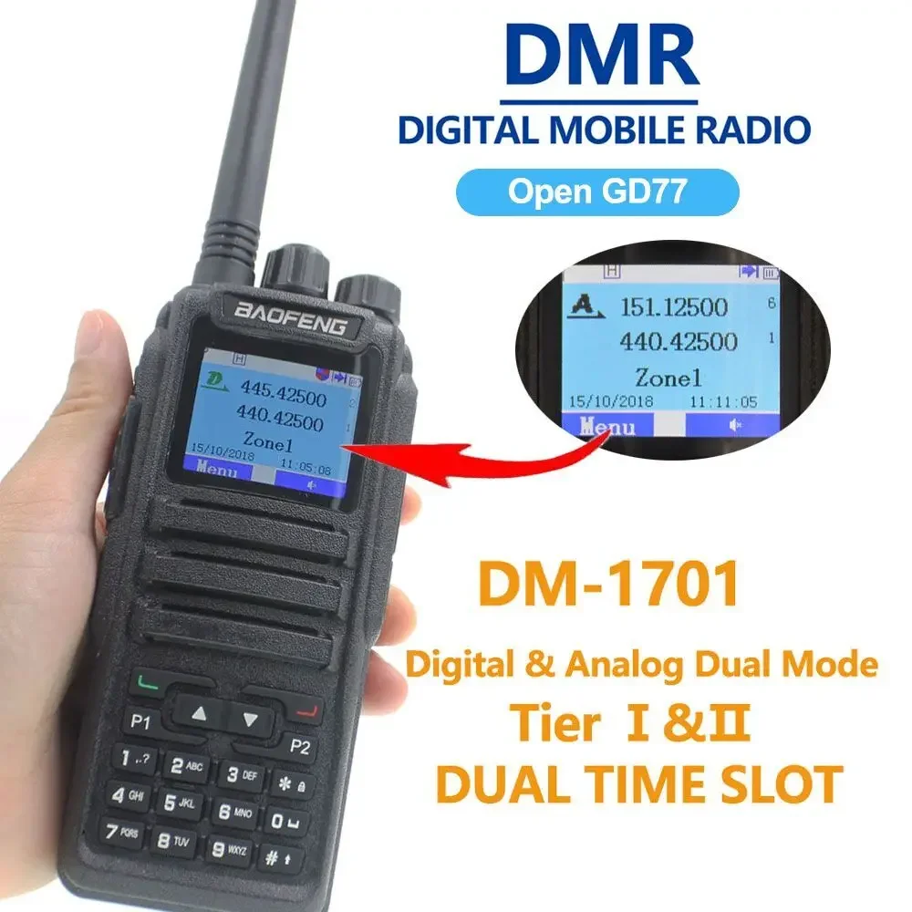 

DM 1701 BAOFENG OPENGD77 DMR VHF UHF Dual Mode Analog/Digital Tier 1+2 Dual Time Slot Ham Dual Band Two Way Radio DR-1801