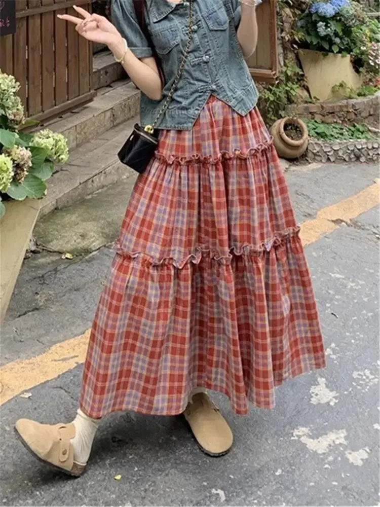 Retro Sweet Plaid Cake Skirt for Women in Summer New Plaid Pleated Mushroom Edge High Waisted A-line Skirt for Children