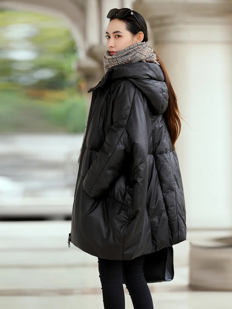 Luxury Hooded Sheepskin leather down jacket Batwing sleeve coat Oversized Women Winter 2024 Collection Warm Outwear INKEO 3O339