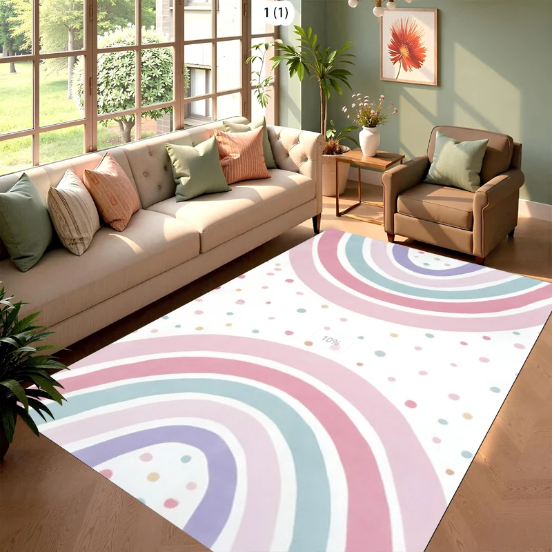Rainbow Boho Area Rug Cute Colorful Arc Rainbow Polka Dot Print Carpet Soft Non-Slip Floor Mat for Bedroom Living Room