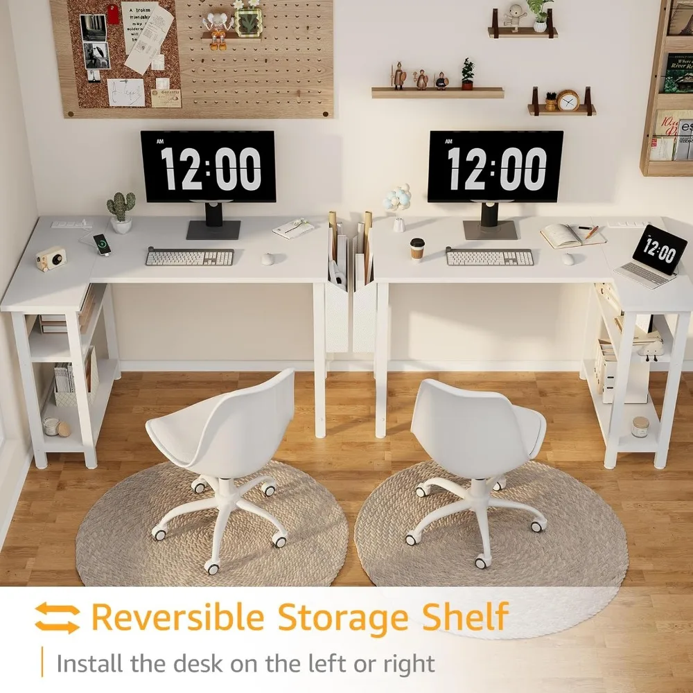 L Shaped Computer Desk with Power Outlet Shelves, 40 Inch Small Corner Desk for Small Space Home Office, Study Work PC Desks