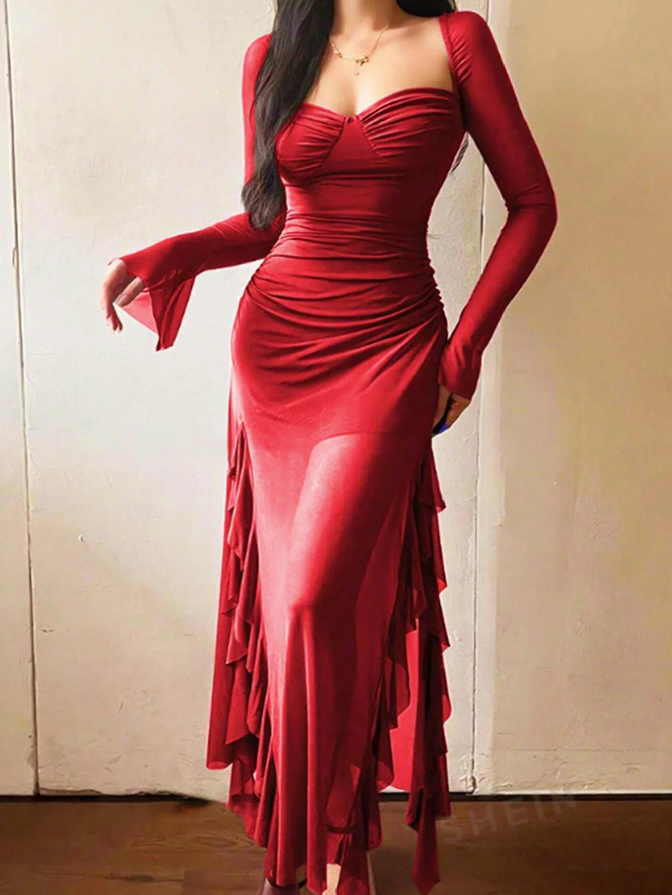 レディース無地フリルトリム長袖ドレスエレガントなファッションシアーメッシュドレス、日常のアウトドアウェア、女性のドレスオールシーズン対応