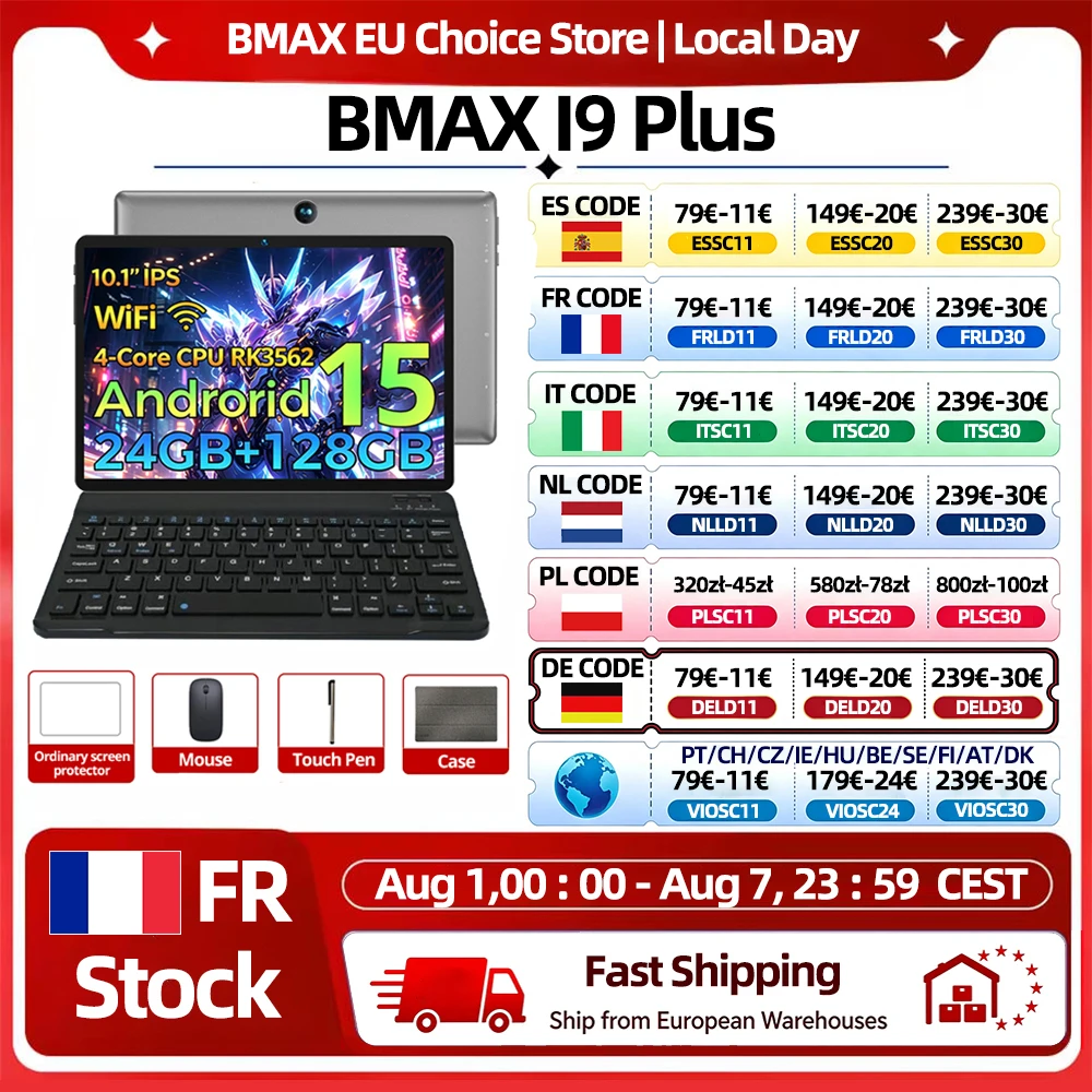 Tablet BMAX I9 Plus de 10.1» con Pantalla IPS de 1280*800, 24(4+20)GB de RAM, 128GB de ROM, Batería de 6000mAh, Tipo-C, Rockchip RK3562 de 2 Núcleos, Android 15, WIFI 6, Bluetooth 5.4 y Cámara