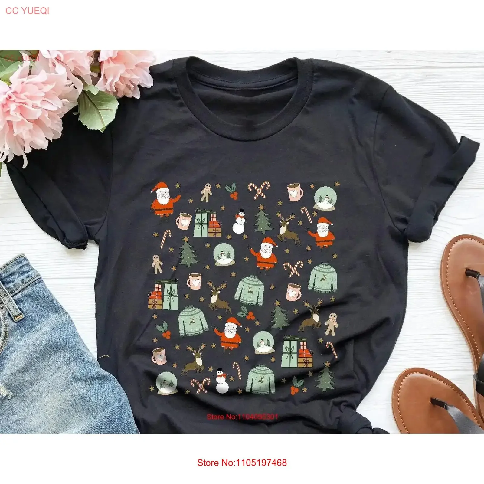 

Christmas T Shirt Holiday Little Things Favorite Doodles Party for Women Cute Xmas vintage Washed Versatile homme Stretched