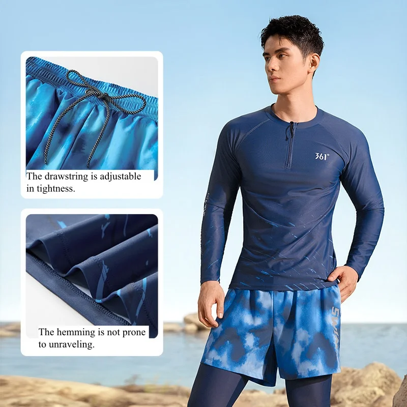 361Men 2Pcs Long Sleeve Outdoor Water Sports Beach Rash Guard Swim Shirt Board Shorts UPF50+Quick-Drying Bathing SwimWear Pants