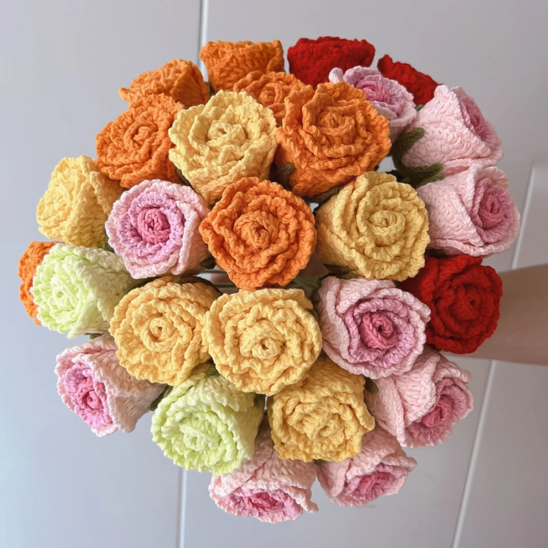 Artificial Flower Knitted Rose Single Bouquet Handmade Crochet Simulation Flower Wedding Dining Table Home Decoration Gifts