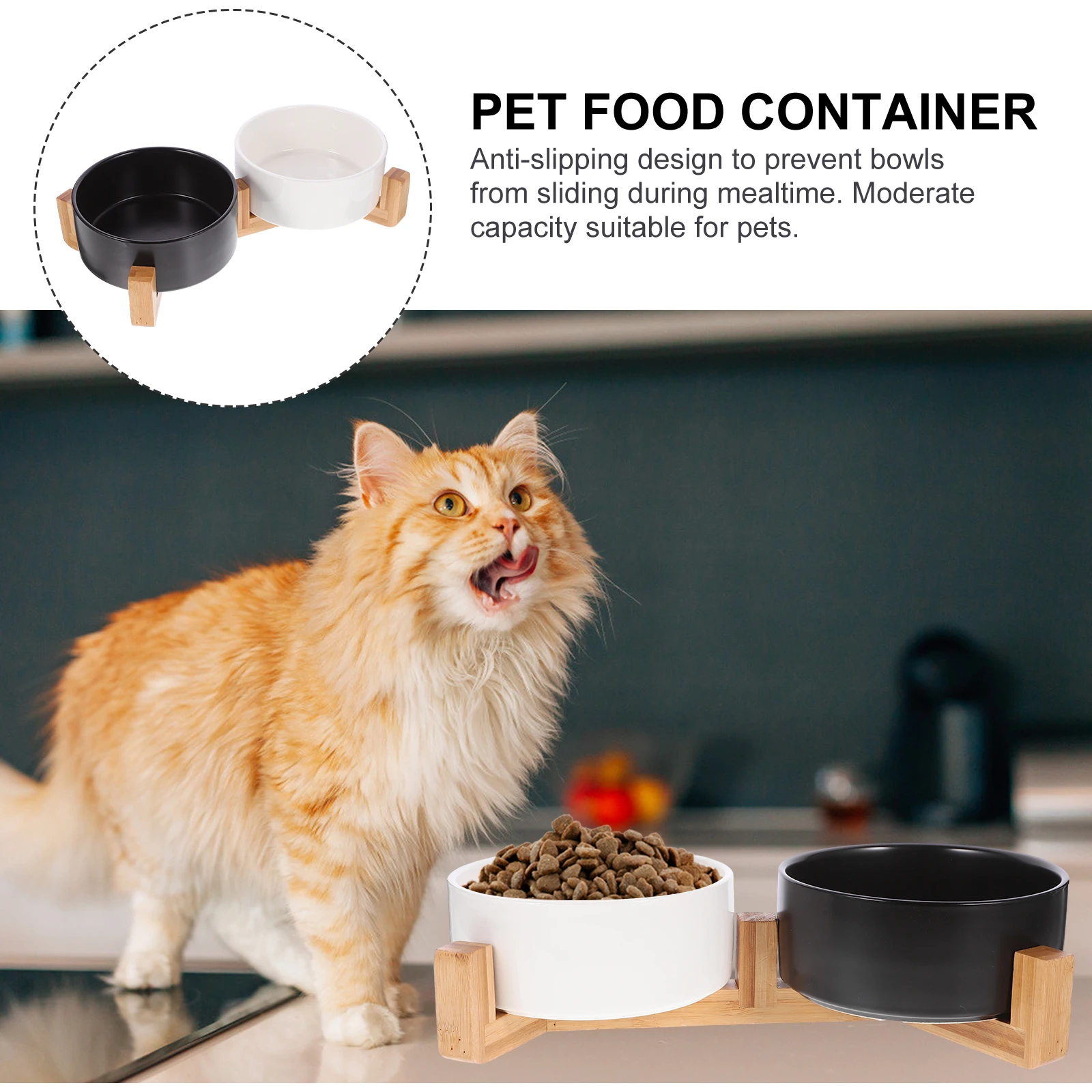 

1Set Ceramic Dog Cat Bowl Anti-Slip Wooden Base Dual Feeding Stations Wear-Resistant Pet Food Holder Lightweight Puppy Feeder
