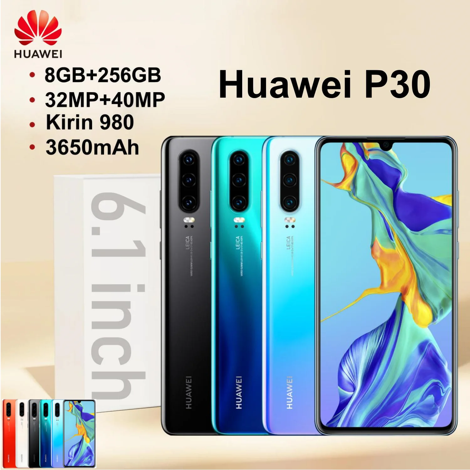 Global,HUAWEI-P30,Smartphone Android,6.1 inch,8GB RAM 256GB ROM,4G Mobile phones,40MP,Google Play Store,Dual SIM,Cellphones