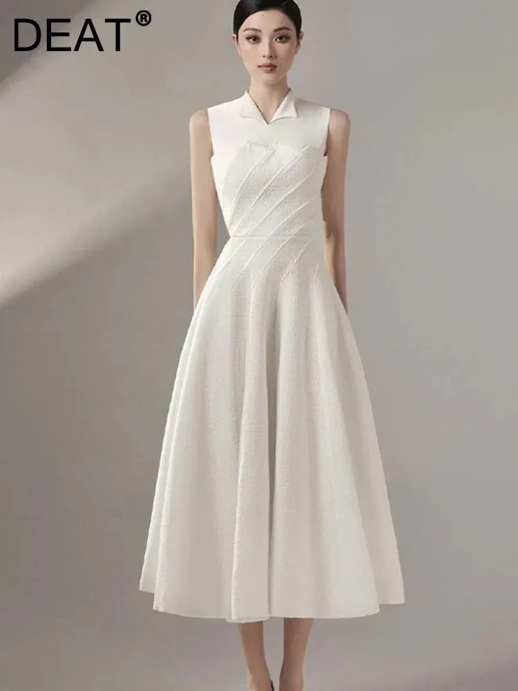 

DEAT Elegant Dress Patchwork Lapel Sleeveless Slim White Zipper A-line Mid-calf Women's Dresses Summer 2024 New Fashion 13DB2464