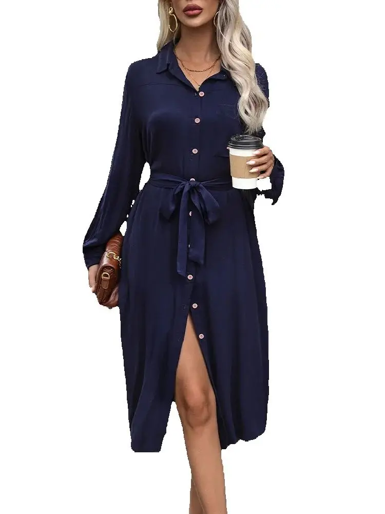 Autumn Women's Mid to Long Solid Color Lapel Dress Shirt Dress Elegant A-Line Pockets Office Lantern Long Sleeve Dress With Belt