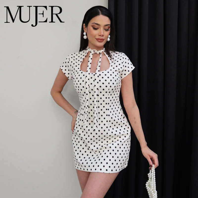 MUJER Polka Dot Minikleid für Damen, mit Schleife, Partykleider für Damen, schmal geschnitten, elegante kurze Kleider, Damen-Sommerkleider mit kurzen Ärmeln