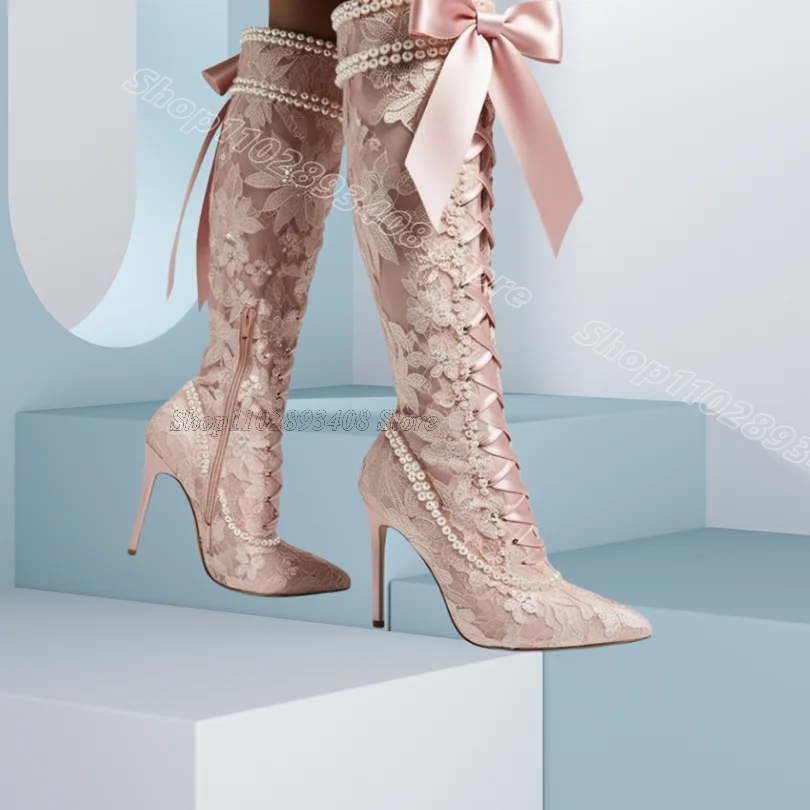 rose-dentelle-perle-decor-bottes-aiguilles-nœud-papillon-decor-bout-pointu-style-doux-femmes-robe-de-soiree-bottes-au-genou-2025-zapatos-para-mujere