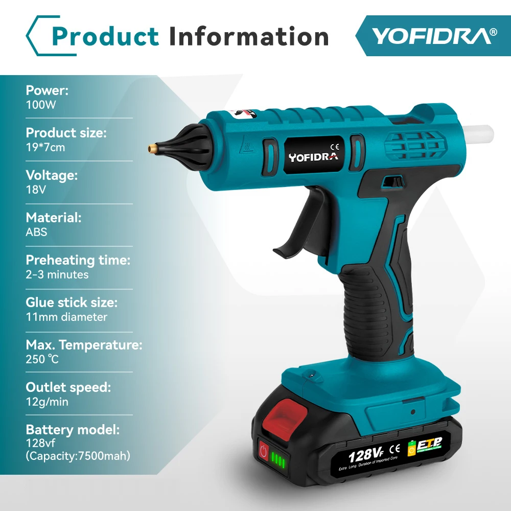 YOFIFRA 100W Cordless Electric Hot Melt Glue Stick Arts DIY Household Electric Repair Tool For Makita 18V Battery Pin