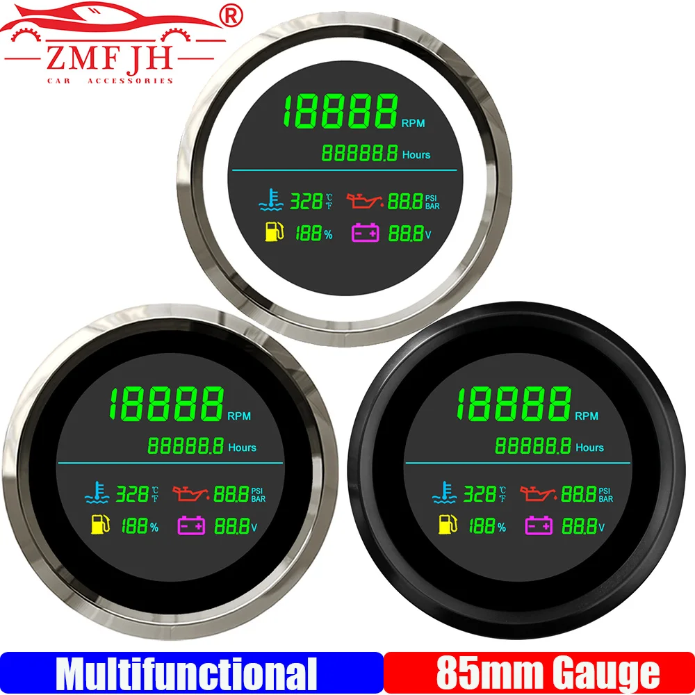 

ZMFJH Многофункциональный датчик 85 мм 6IN1 цифровой тахометр + датчик уровня топлива + давление масла + температура воды + напряжение + счетчик часов автомобиля