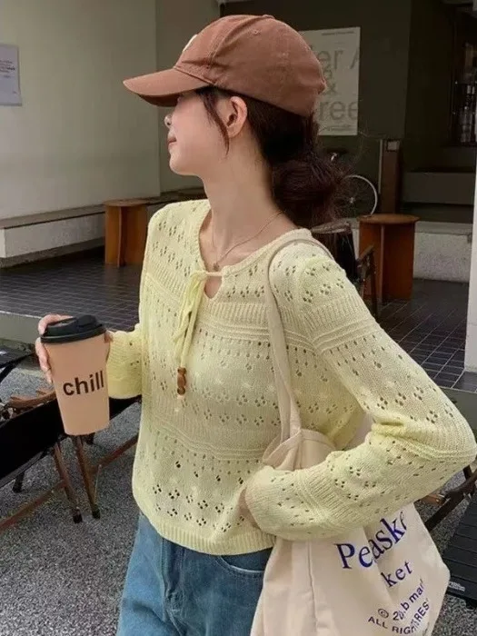 

Women's V-Neck Knitted Long Sleeve Top with Belt Hole Hollow out Design Summer Sun Protection Loose Fit Comfortable Knitwear