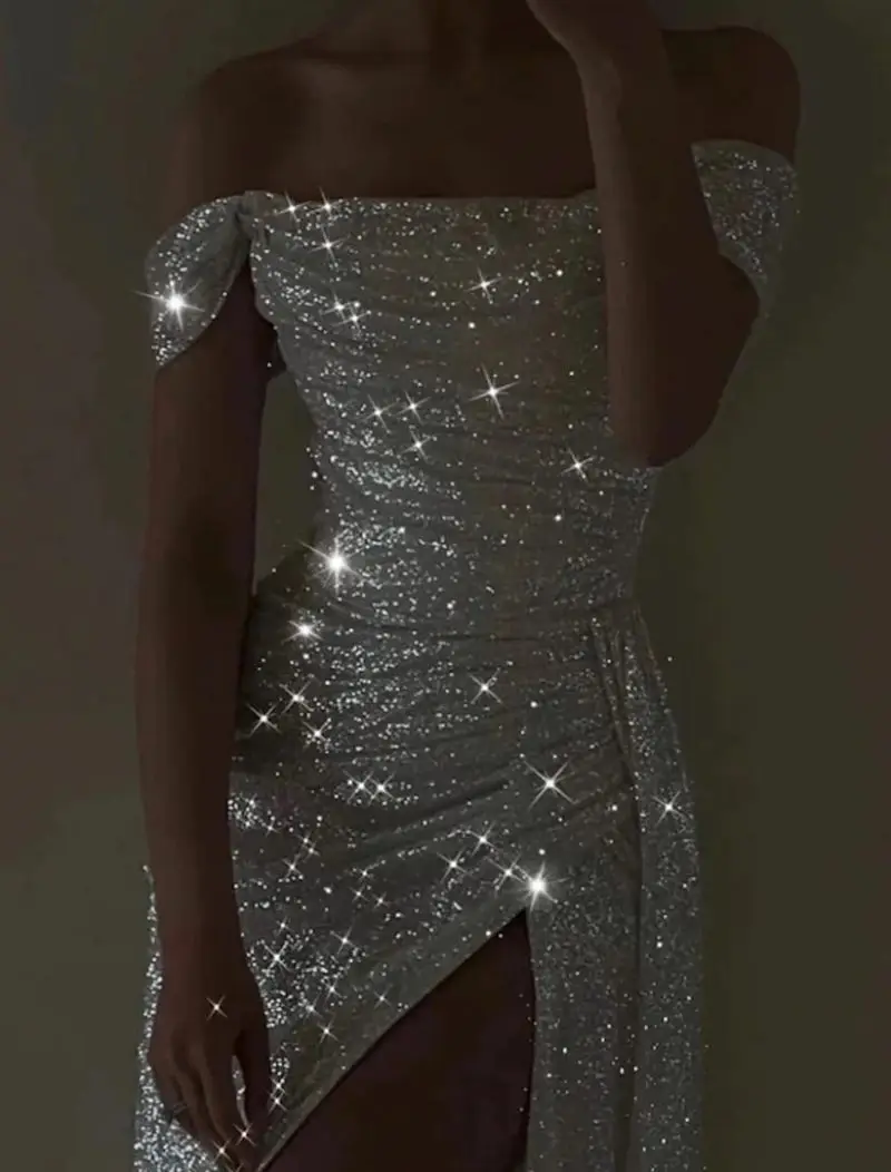 Sexy Dress for Women Spring and Summer Bare Shoulder Elegant Lady Party Dress Sequin Glitter Slit Strapless Slim Evening Dress