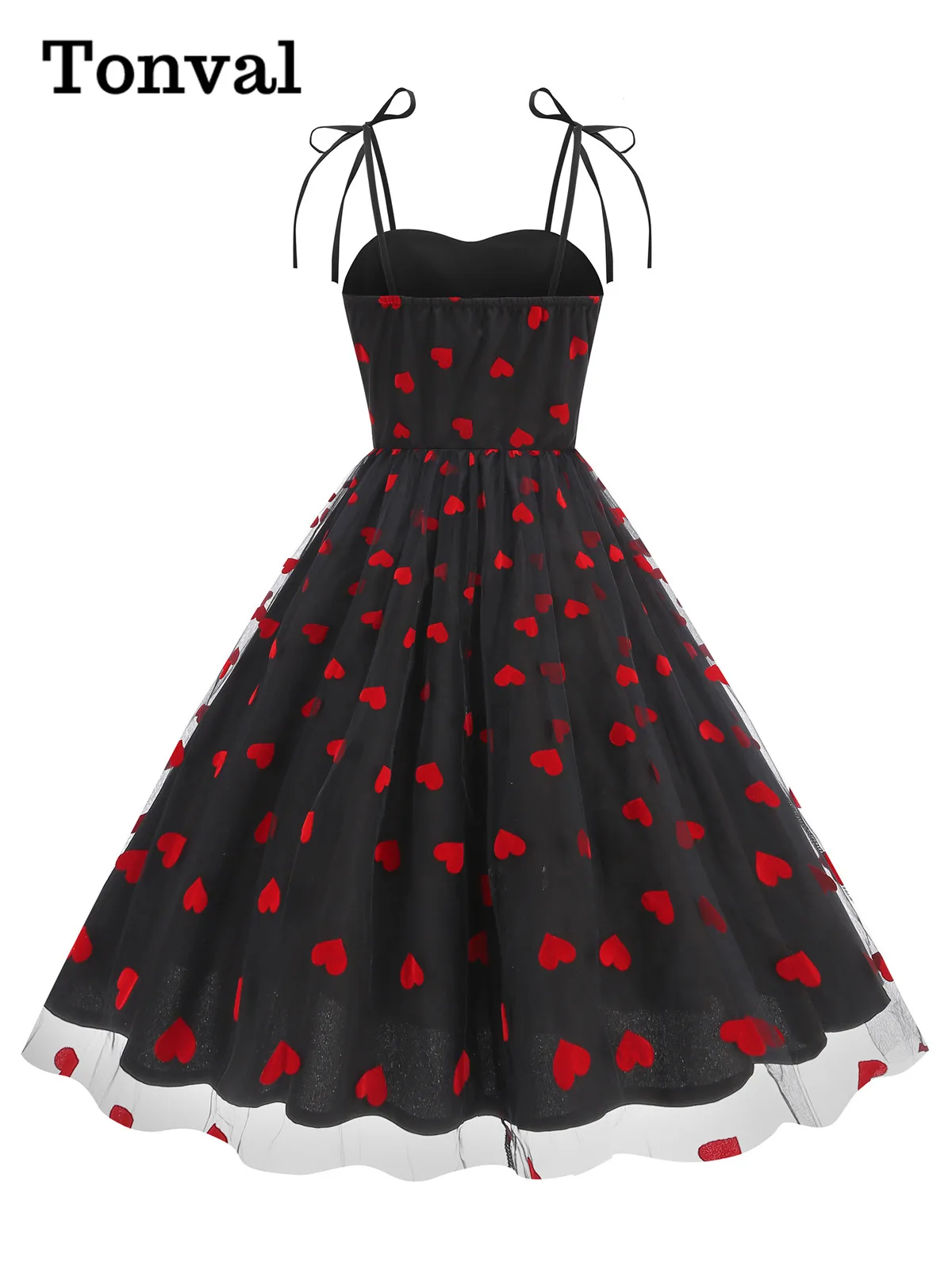 Tonval Knot Straps Heart Flocking 2025 Valentine's Day Dress Women Birthday Vintage Party Fit and Flare Summer Pleated Dresses