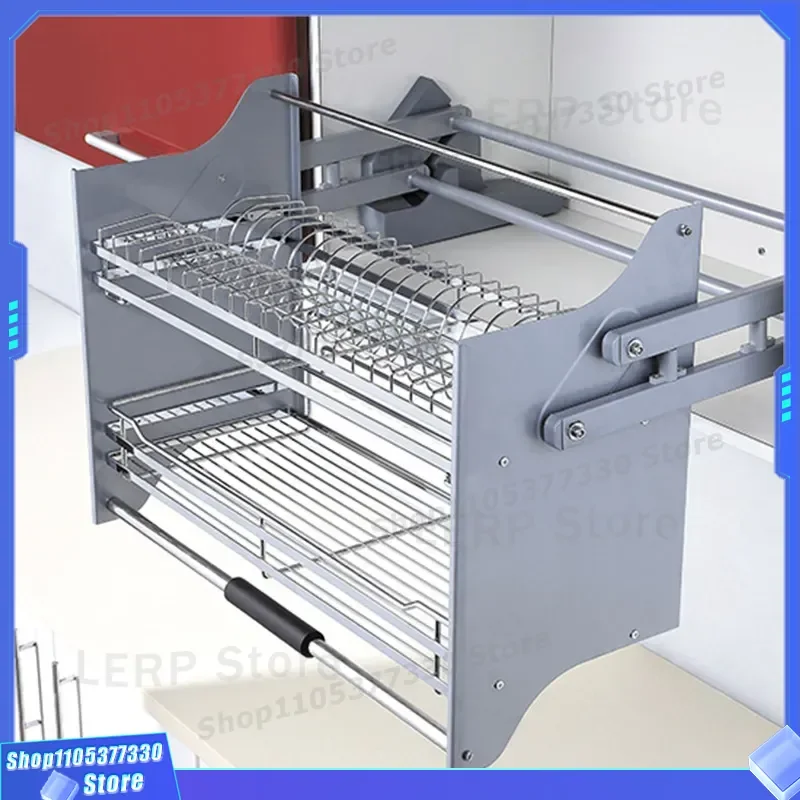 Kitchen Cabinet Pull Down Shelf Lifting Dish Rack Hanging Storage Basket with Soft Close Buffer for Upper Cupboard