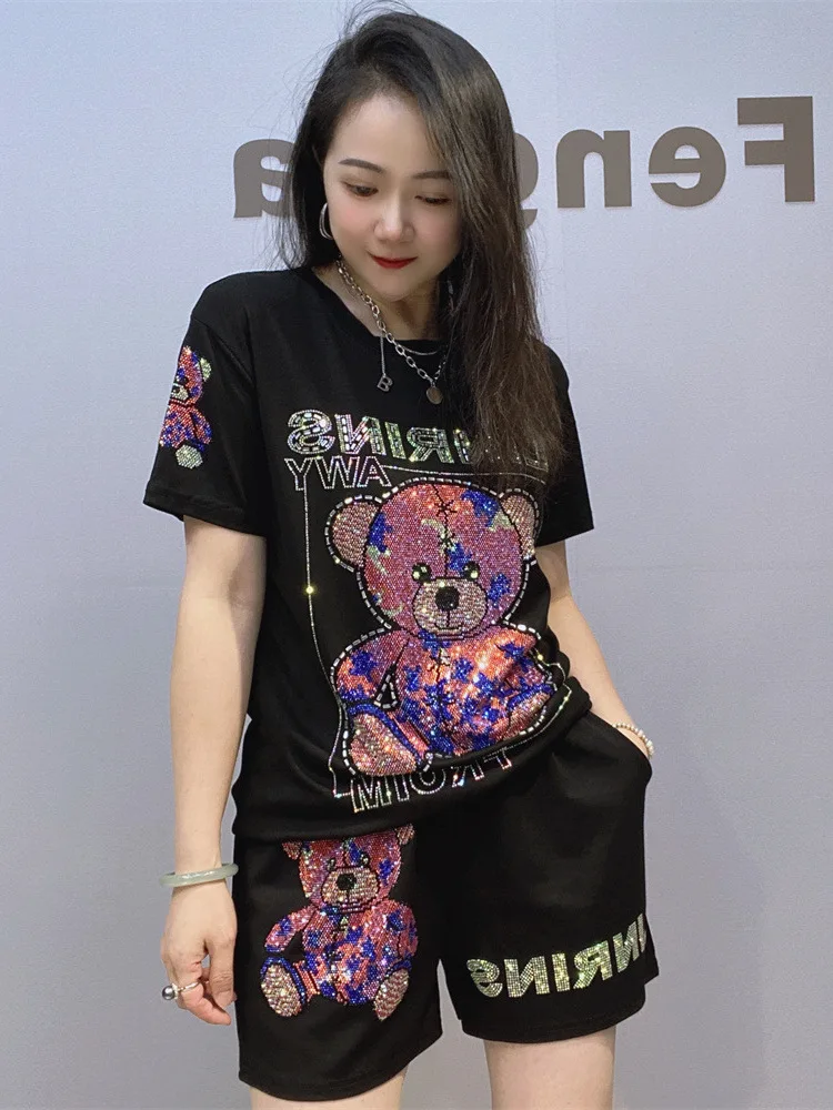 2PCS Glitter Summer Short Sets Women Clothing Casual Cartoon Pattern Diamonds Elastic Waist Hot Shorts Костюм Женский Летний