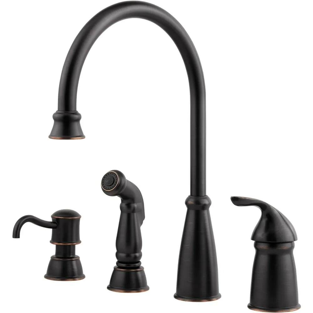 

Kitchen Sink Faucet with Side Sprayer and Soap Dispenser, Single Handle, High Arc, Tuscan Bronze Finish