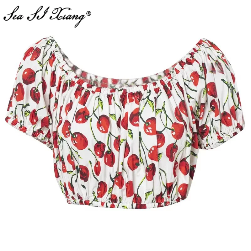 

Seasixiang Fashion Designer Autumn 100% Cotton Tops Women Slash Neck Puff Sleeve Cherry Print Beach Holiday Top