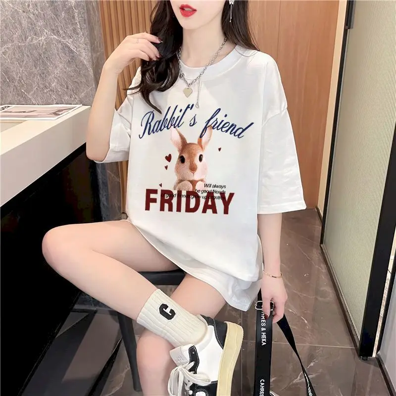 95% Cotton T Shirts Women White Letter Print Harajuku Style Mid Length Tops Summer Trend Thin T-shirt Korean Style Kawaii Tshirt