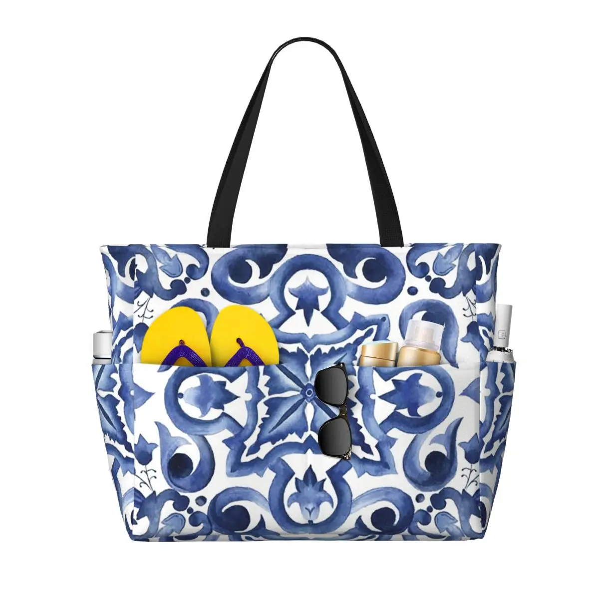 

Blue Ornate Floral Mediterranean Sicilian Tile Beach Tote Bag Sport Gym Yoga Duffle Large Tote Bag Women Travel Bag Fitness bag
