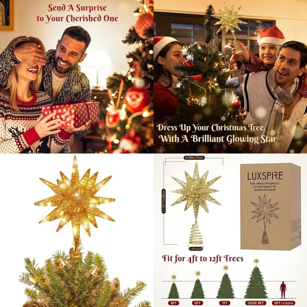 

Топпер для дерева звездообразования с 3D подсветкой, золотой, с таймером, для винтажного и современного рождественского декора