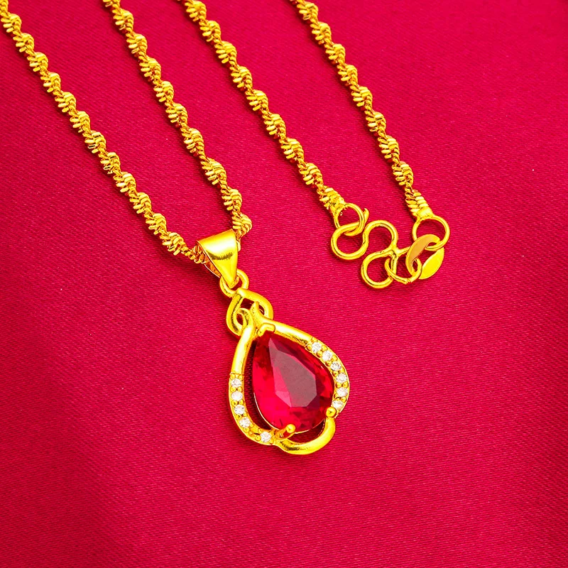 24K Gold Red Drop Necklace AU999 Pure Gold, warm gold chain paired with natural ruby drop, simple yet elegant for daily wear