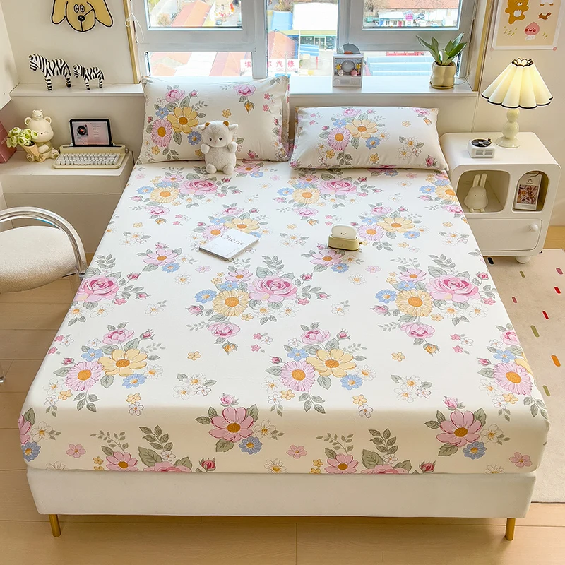 

100%Cotton Fitted Bed Sheet Flower Printed Bed Sheet Set Single/Queen/King Pure Cotton Mattress Cover Protector Fitted Sheet