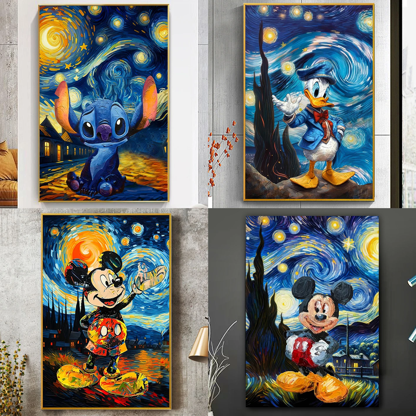 

Donald Duck - Mickey Mouse - Stitch Starry Night Canvas Print Disney Wall Art Aesthetic Disney Lover Gift Van Gogh Style Art