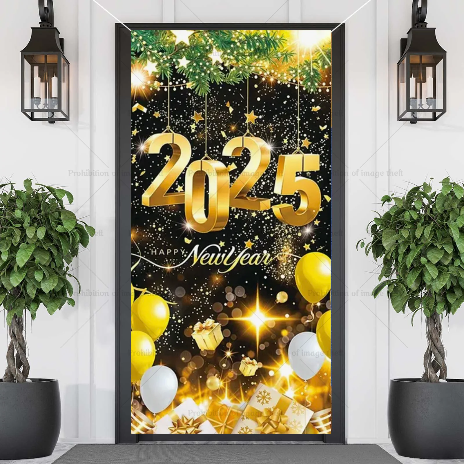 Happy 2025 New Year Theme Background Celebration Banners Fireworks Door Cover Balloons Wine Glasses Party Decoration Prop Gift