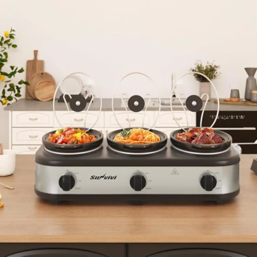 

Triple Slow Cooker Buffet Server with 3 Adjustable Temps 3 Visible Glass Lids Stainless Steel 3 x 1.5 Quarts Ideal for Parties