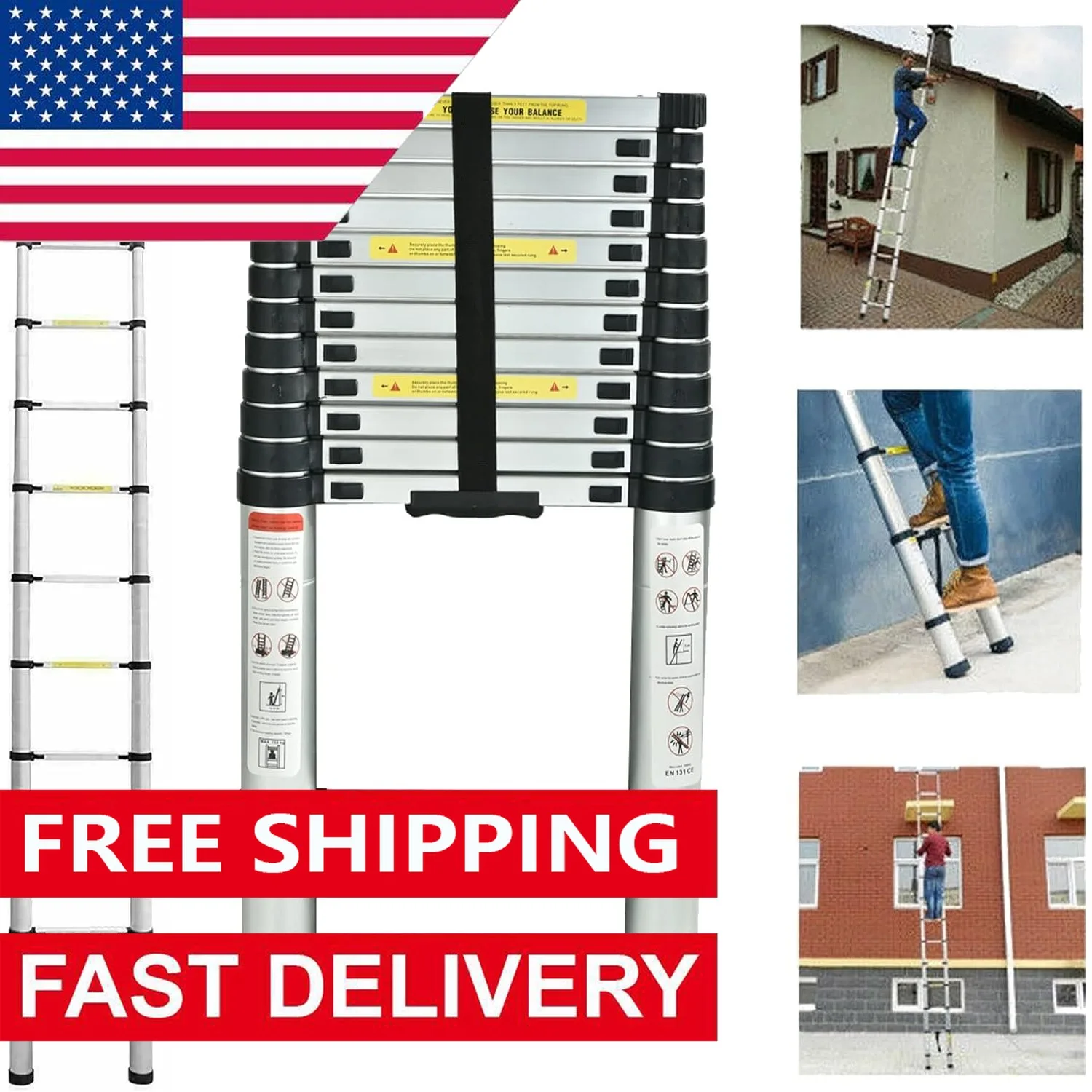 Telescoping Ladder, 16 FT Aluminum Extension Ladder Step Ladders Loft Attic Ladder Collapsible Ladders,  330 Pound Capacity ﻿