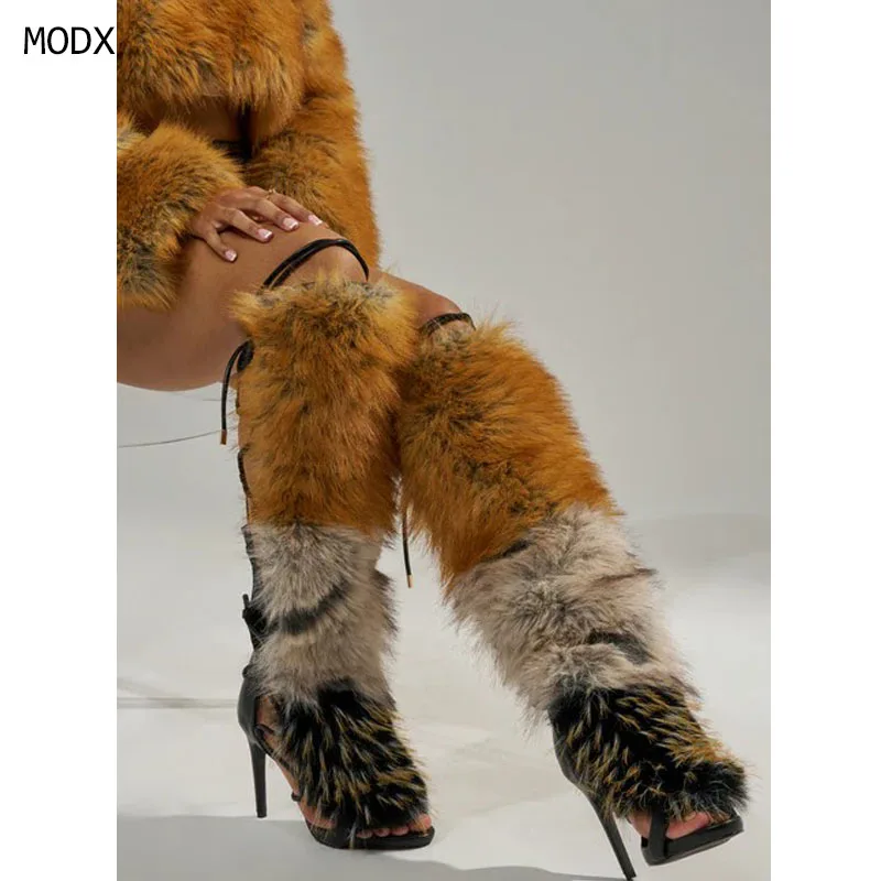 

2026 Party High Heels Furry Pointed Stiletto Lace-Up Women'S Elegant High Heels Fashion Sexy Wrap Open Toe Sandals New Summer