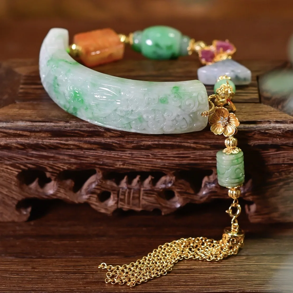 Natural Grade-A Carved Jadeite Bangle Bracelet, Flower Green Jadeite Tourmaline Butterfly Design, Traditional Chinese Style