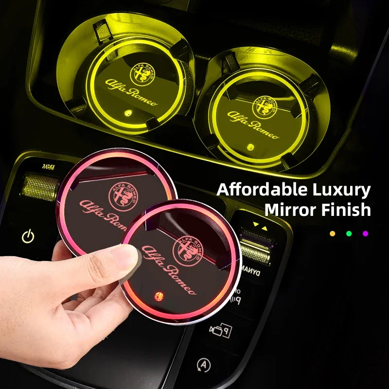 Hub Caps 2PCS LED Cup Holder Rechargeable Rainbow Light Up Coasters For Alfa Romeo 156 159 147 4C 8C 166 Giulia Giulietta Mito S