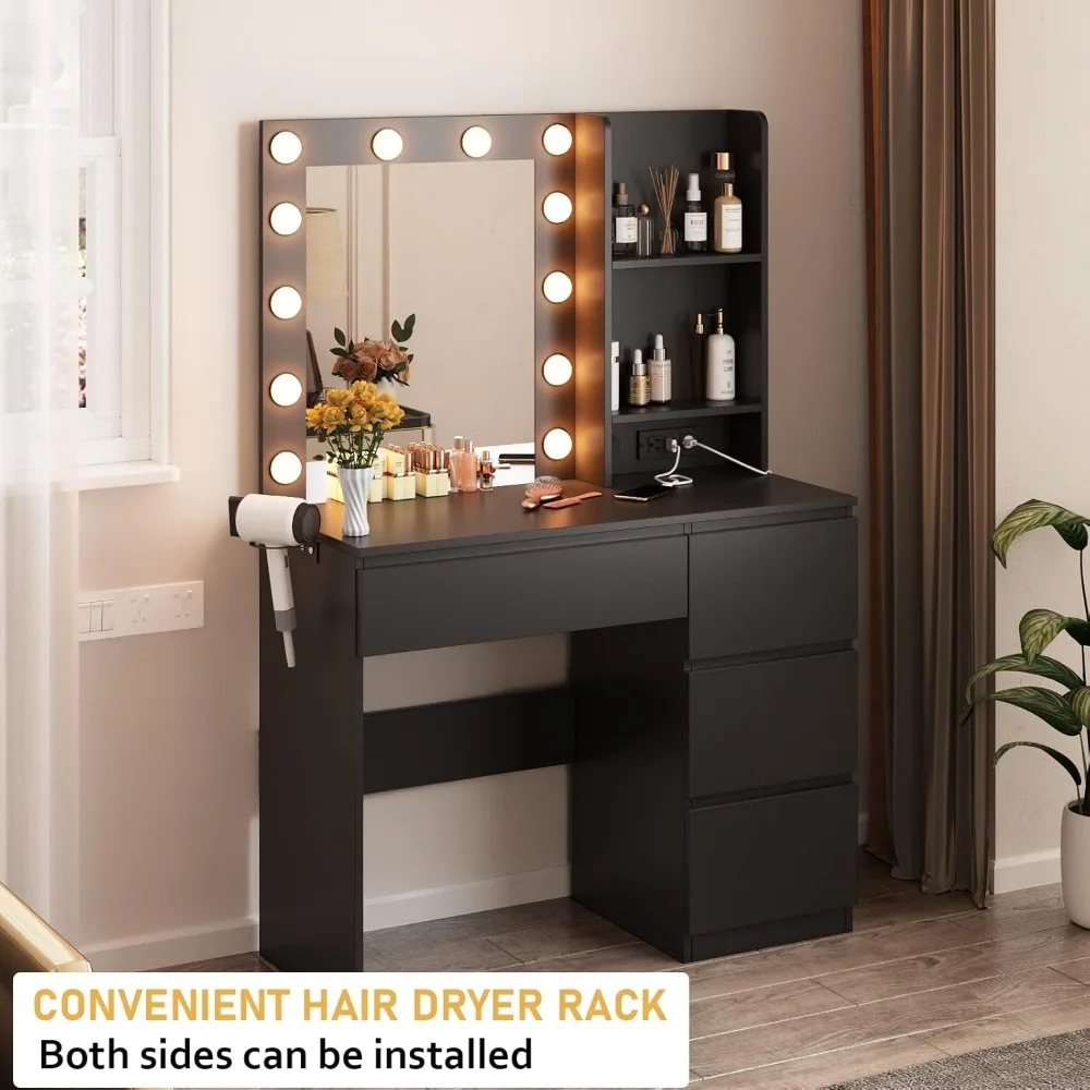 Makeup Vanity ,  with Power Strip, 4 Drawers, Lighted Mirror, 3 Lighting Colors