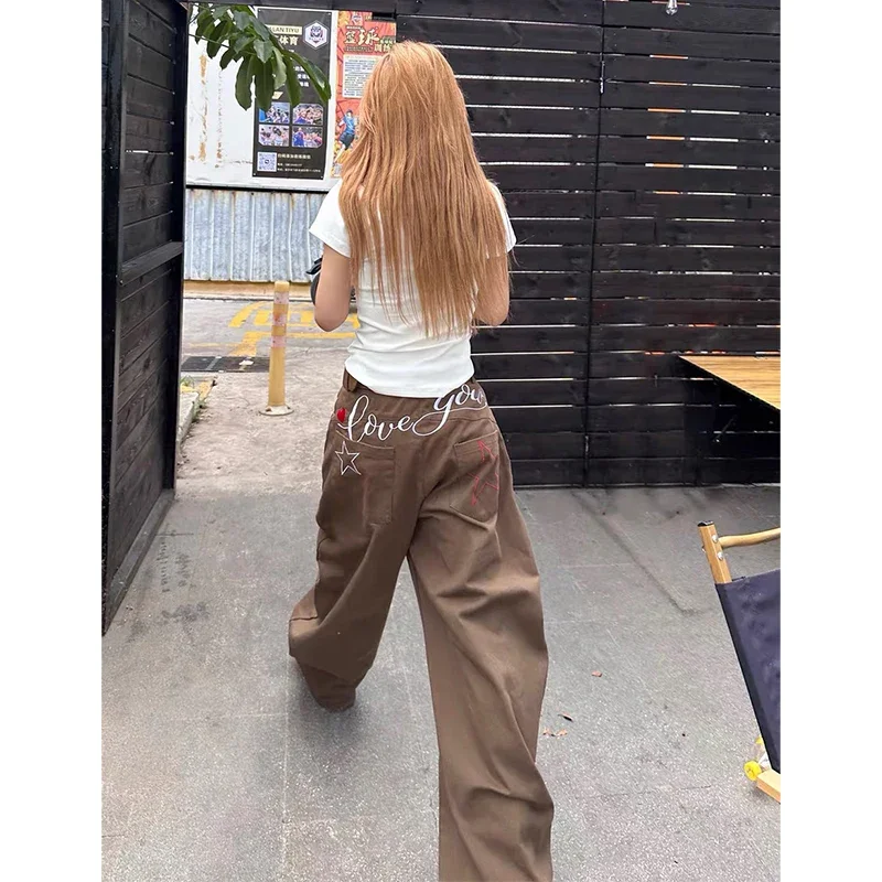 카키 자수 청바지 여성 헐렁한 데님 바지 하라주쿠 빈티지 Y2k 브라운 청바지 바지 일본 2000 년대 스타일 특대 옷